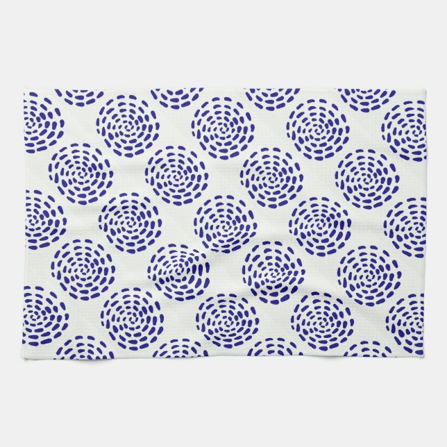 Indigo dark blue striped circle pattern on white tea towel (Horizontal)