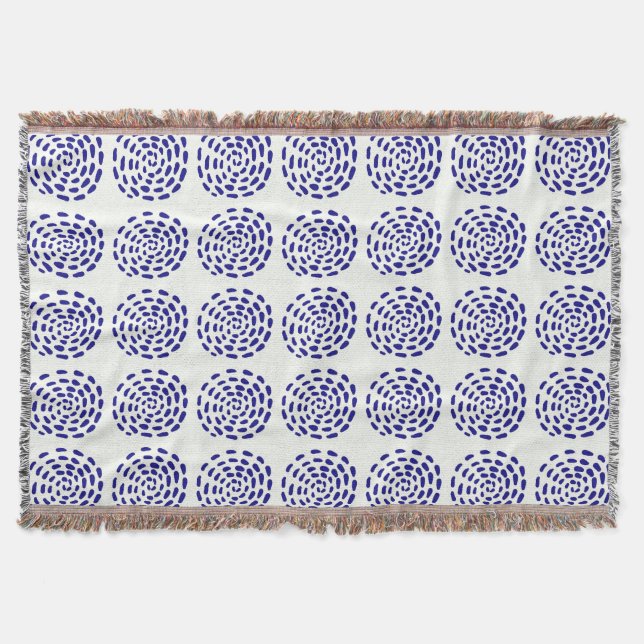 Indigo dark blue striped circle pattern on white throw blanket (Front)