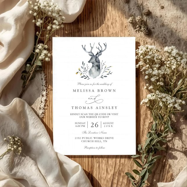 Indigo Deer Boho Rustic Elegant QR Code Wedding Invitation (Creator Uploaded)