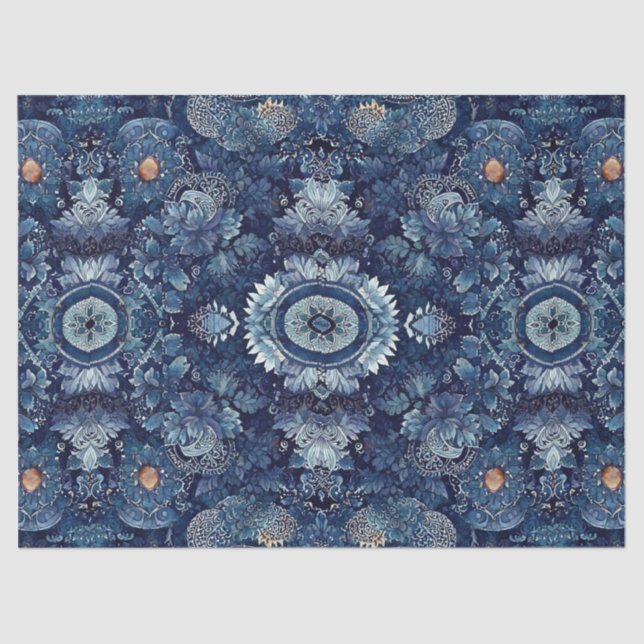 Indigo Denim Bloom Floral Decoupage Craft Wrapping Tissue Paper (Front)