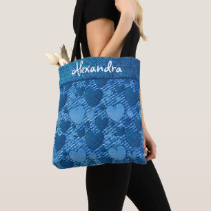 Indigo Denim Blue Jeans Hearts Print Monogram Name Tote Bag