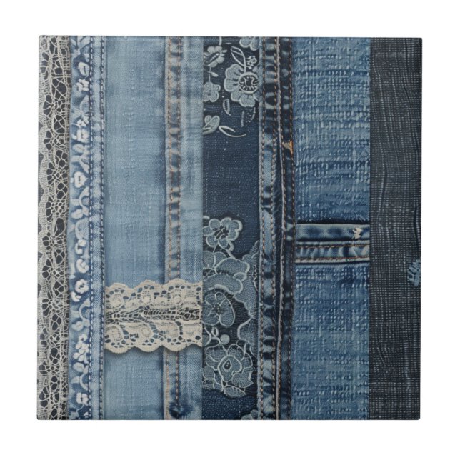Indigo Denim Lace Stripe Pattern Ceramic Tile (Front)