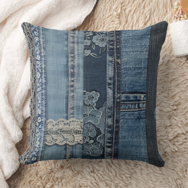 Indigo Denim Lace Stripe Pattern Cushion (Blanket)