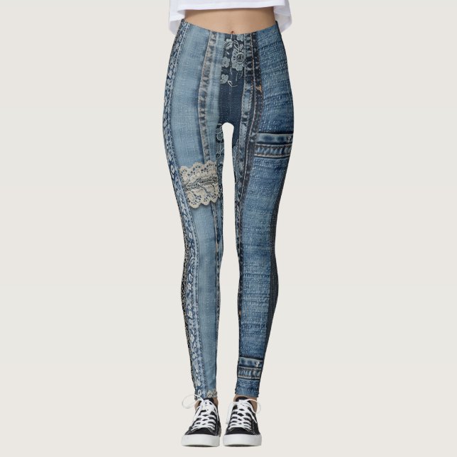 Indigo Denim Lace Stripe Pattern Leggings (Front)