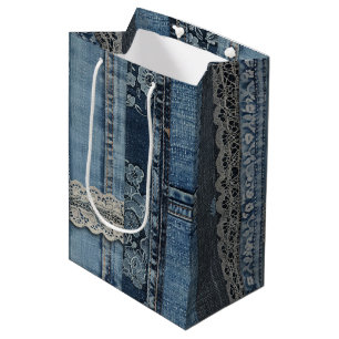 Indigo Denim Lace Stripe Pattern Medium Gift Bag