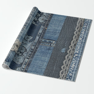 Indigo Denim Lace Stripe Pattern Wrapping Paper