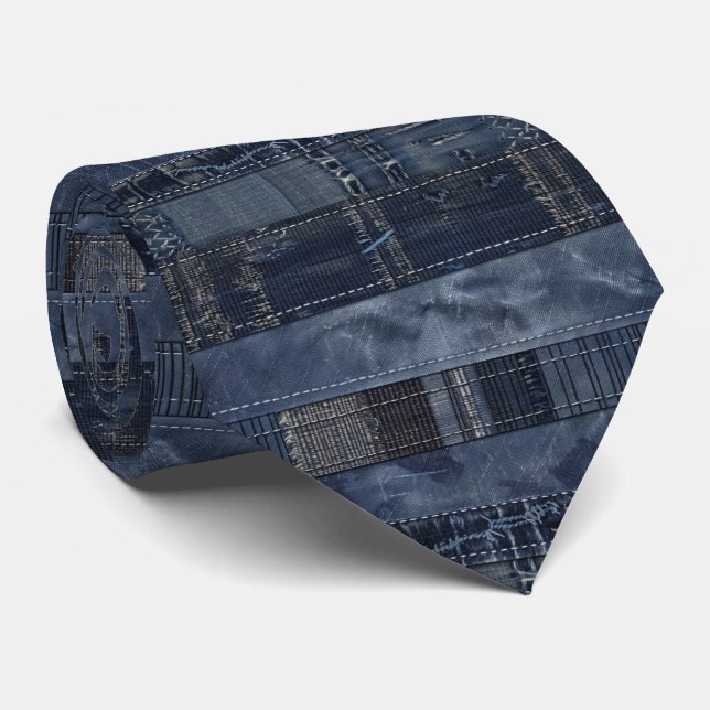 Indigo Denim Patchwork Seamless Pattern (2) Tie (Rolled)