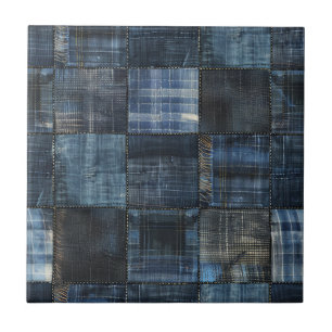 Indigo Denim Patchwork Seamless Pattern Ceramic Tile