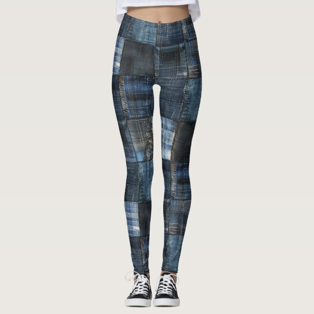 Indigo Denim Patchwork Seamless Pattern Leggings (Front)