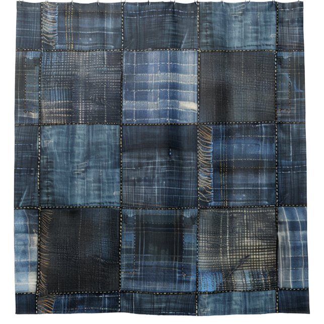 Indigo Denim Patchwork Seamless Pattern Shower Curtain (Front)