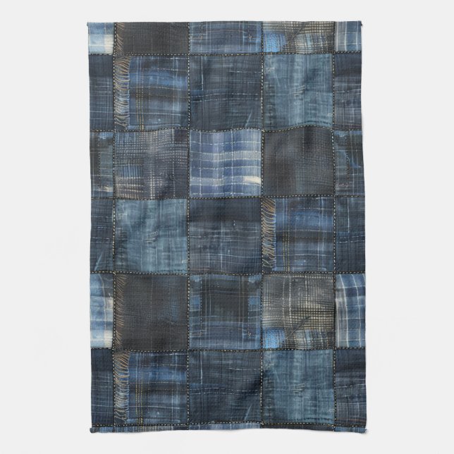 Indigo Denim Patchwork Seamless Pattern Tea Towel (Vertical)