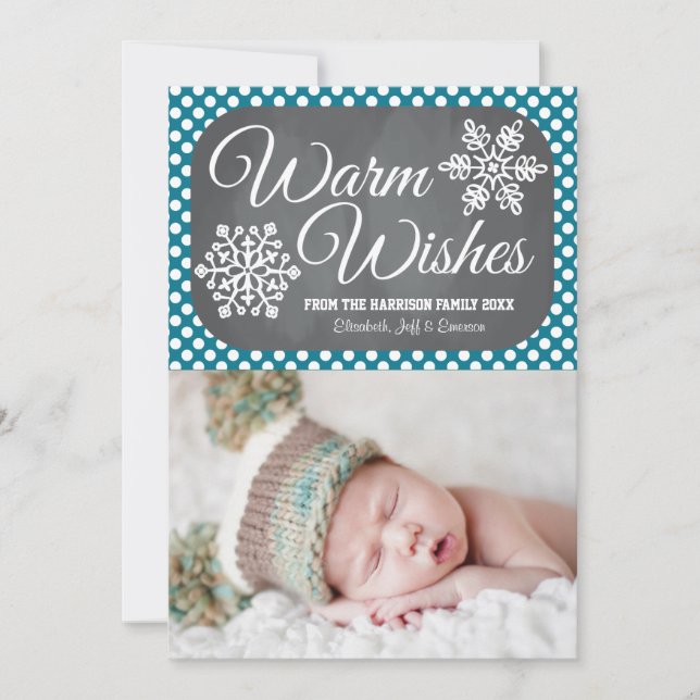 Indigo Dot Chalkboard Snowflake Holiday Photo Card (Front)