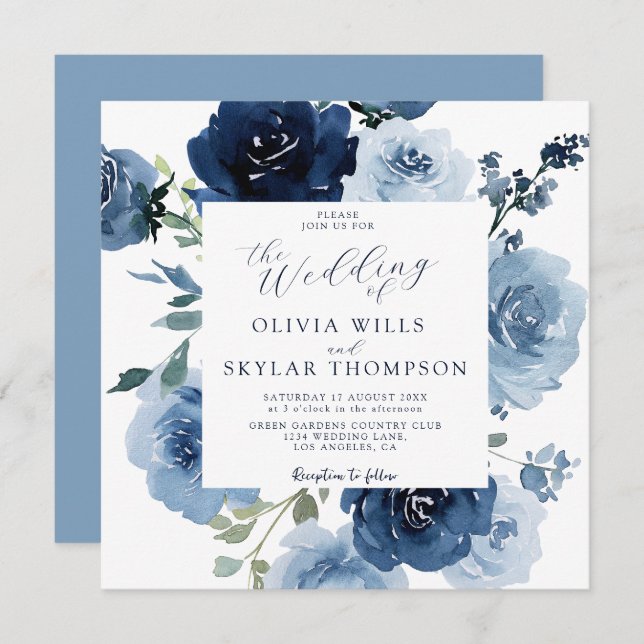 Indigo Dusty Blue Navy Flowers Garden Wedding Invitation (Front/Back)