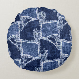 Indigo-Dyed Effect Textured Checked Patchwork Grap Round Cushion
