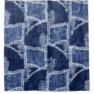 Indigo-Dyed Effect Textured Checked Patchwork Grap Shower Curtain
