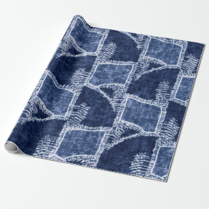 Indigo-Dyed Effect Textured Checked Patchwork Grap Wrapping Paper