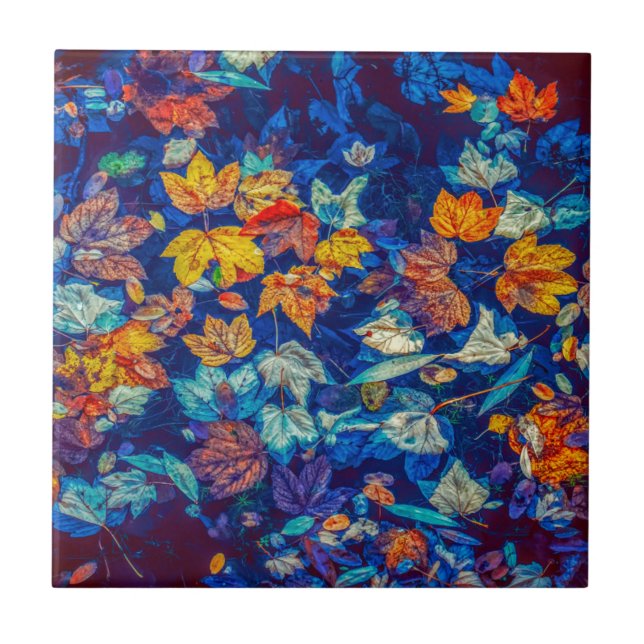 Indigo fall leaves swirl pattern ceramic tile (Front)