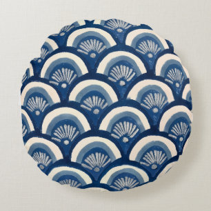 Indigo Fan Waves Round Cushion