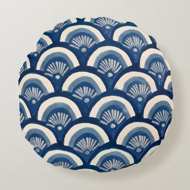 Indigo Fan Waves Round Cushion (Front)