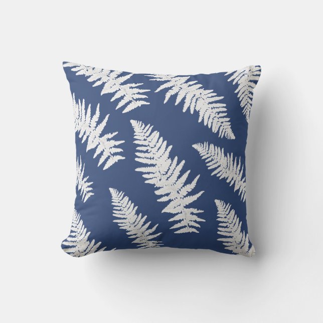 Indigo Fern White Plant Botanical Painting Cushion (Front)