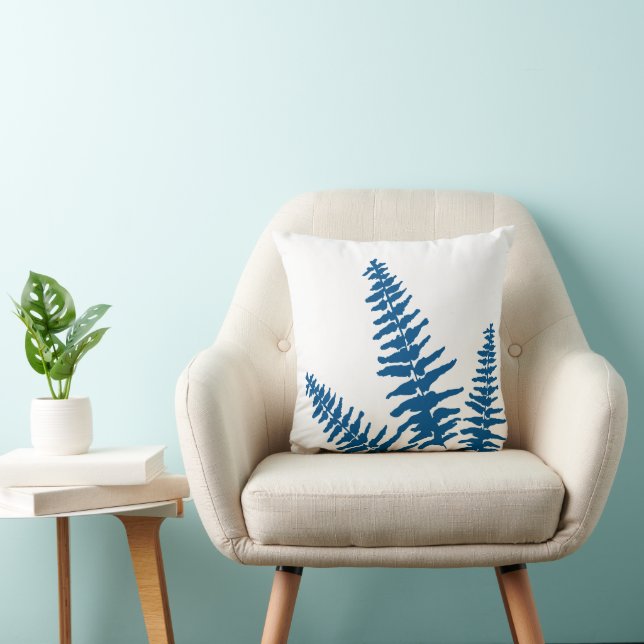 Indigo Fern White Plant Botanical Painting Cushion (Chair)
