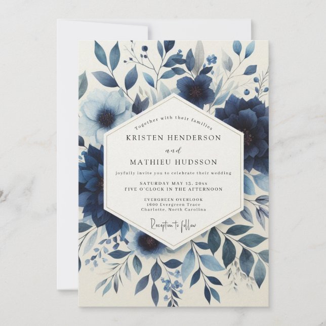 Indigo Floral Enchantment Wedding Invitation (Front)