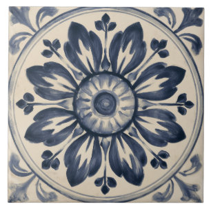 Indigo Floral Medallion Ceramic Tile