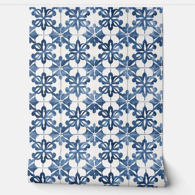 Indigo Floral Medley Petite - Blue and Cream Wallpaper (Unrolling)