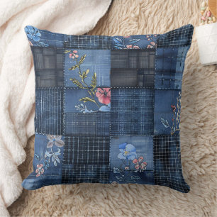Indigo Floral Patchwork Pattern Boho Denim Cushion