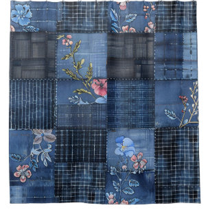Indigo Floral Patchwork Pattern   Boho Denim Shower Curtain