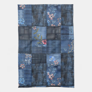 Indigo Floral Patchwork Pattern   Boho Denim Tea Towel