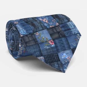 Indigo Floral Patchwork Pattern   Boho Denim Tie