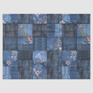Indigo Floral Patchwork Pattern Boho Denim Tissue Paper