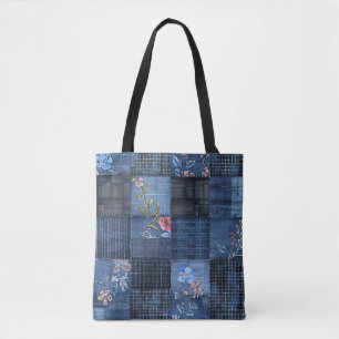 Indigo Floral Patchwork Pattern   Boho Denim Tote Bag