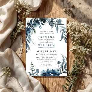 Indigo Flowers Blue Elegant Modern QR Code Wedding Invitation