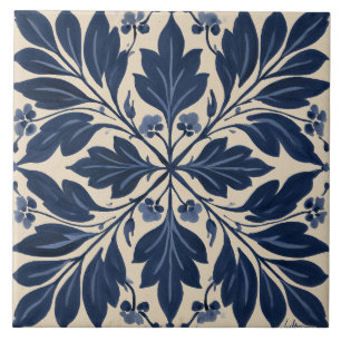 Indigo Folk Floral Damask Ceramic Tile