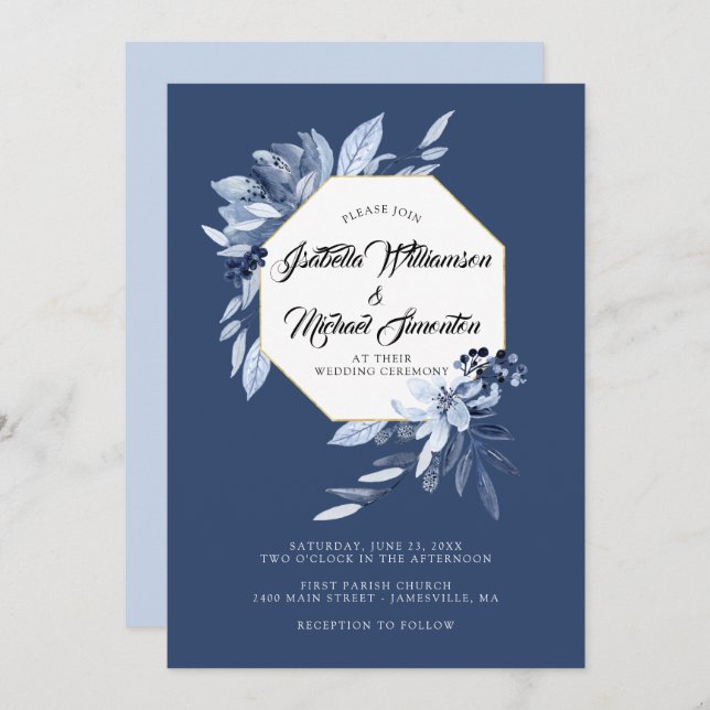 Indigo Garden Blue floral Wedding Invitation (Front/Back)