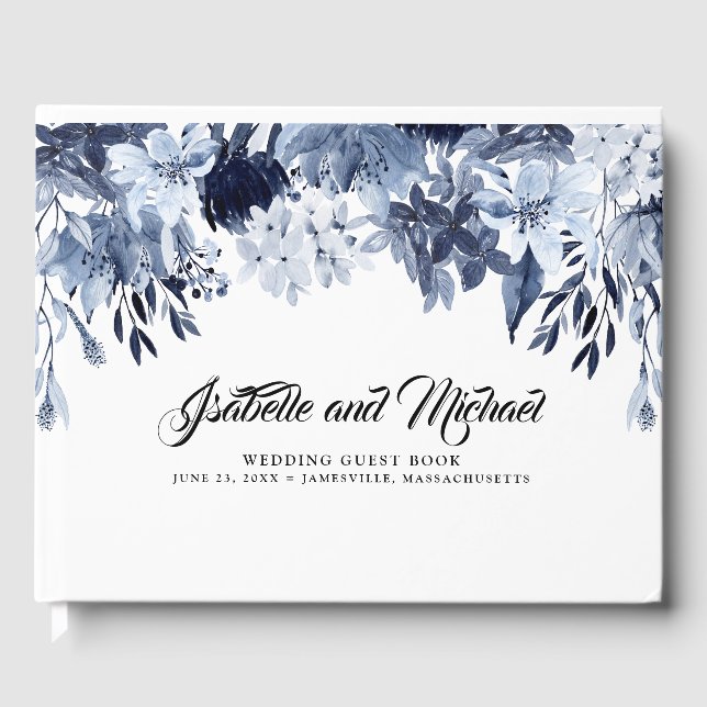 Indigo Garden Modern Floral Wedding Guest Book (Front)
