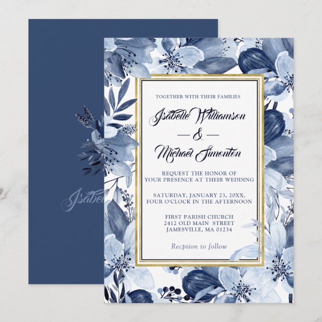 Indigo Garden with Gold Frame Wedding Invitaiton Invitation (Front/Back)