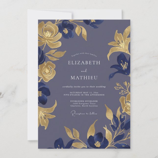 Indigo Gold Lily Wedding Invitation (Front)