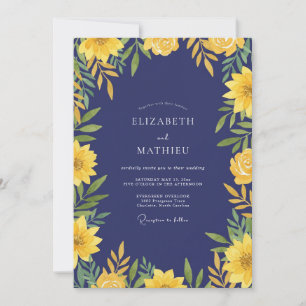 Indigo Gold Sunflower Eucalyptus Wedding Invitation