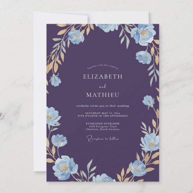 Indigo Gold Wildflower Wedding Invitation (Front)