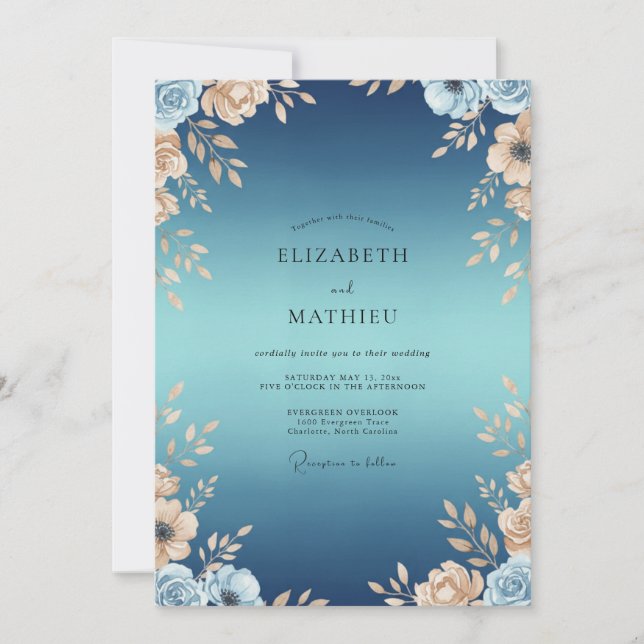 Indigo Golden Leafy Wedding Invitation (Front)