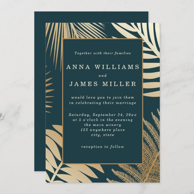 Indigo Green Gold Tropical Palm Leaves Wedding  Invitation (Front/Back)