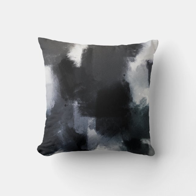 Indigo Grey Black Modern Abstract Brushstrokes Cushion (Front)