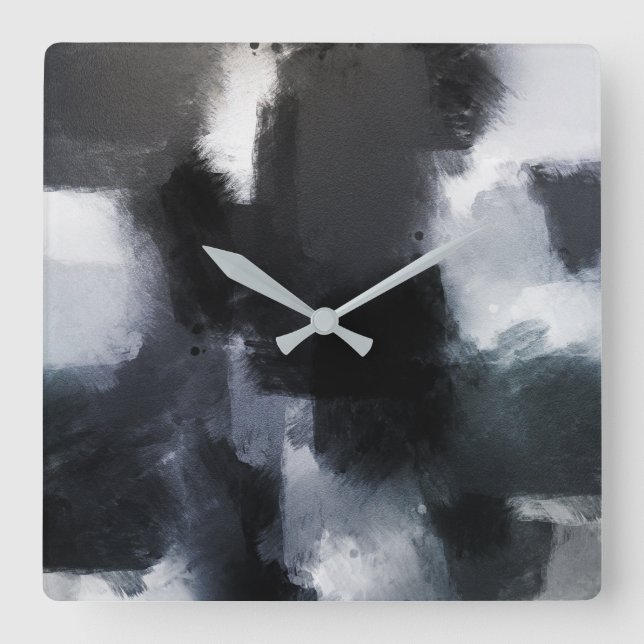 Indigo Grey Black Modern Abstract Brushstrokes Square Wall Clock (Front)