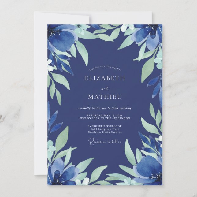 Indigo Grey Sage Leafy Wedding Invitation (Front)