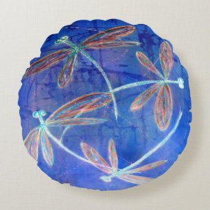 Indigo Haze Dragonfly Flit Round Cushion