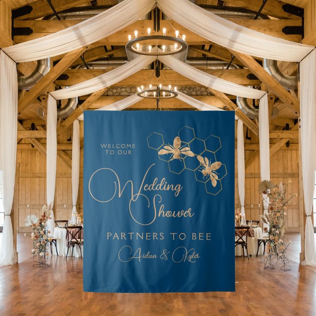 Indigo & Honeycomb Bee Wedding Shower Welcome Sign Tapestry (Creator Uploaded)