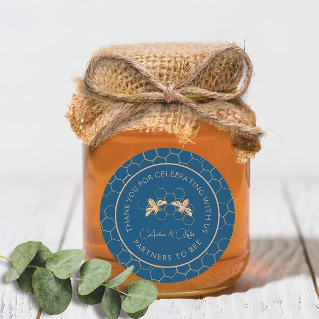 Indigo & Honeycomb Golden Bee Wedding Shower Classic Round Sticker (Creator Uploaded)